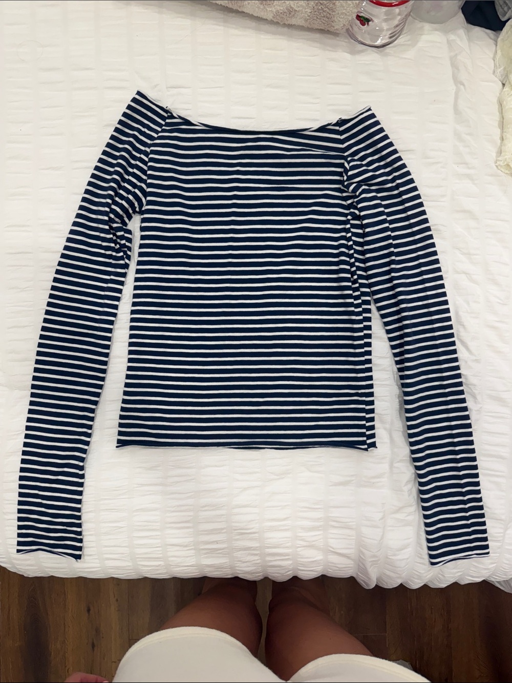 Striped Navy and White Long-Sleeve off the shoulder Top